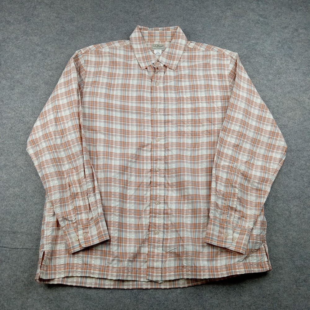 LL Bean Shirt Mens Large Orange Plaid Nylon Button Front Long Sleeve‎ Casual
